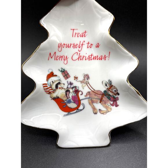 Vintage Designers Collection Porcelain Christmas Tree Raccoon Santa Trinket Tray - Picture 2 of 5